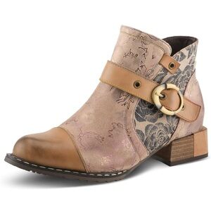 L'ATISTE Pink and Brown Floral Accent Leather Ankle Bootie